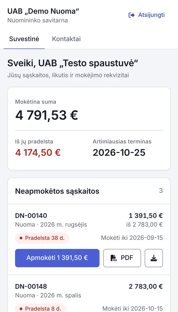 Nuomininko savitarna telefone: mokėtina suma, terminai ir mygtukas „Apmokėti“